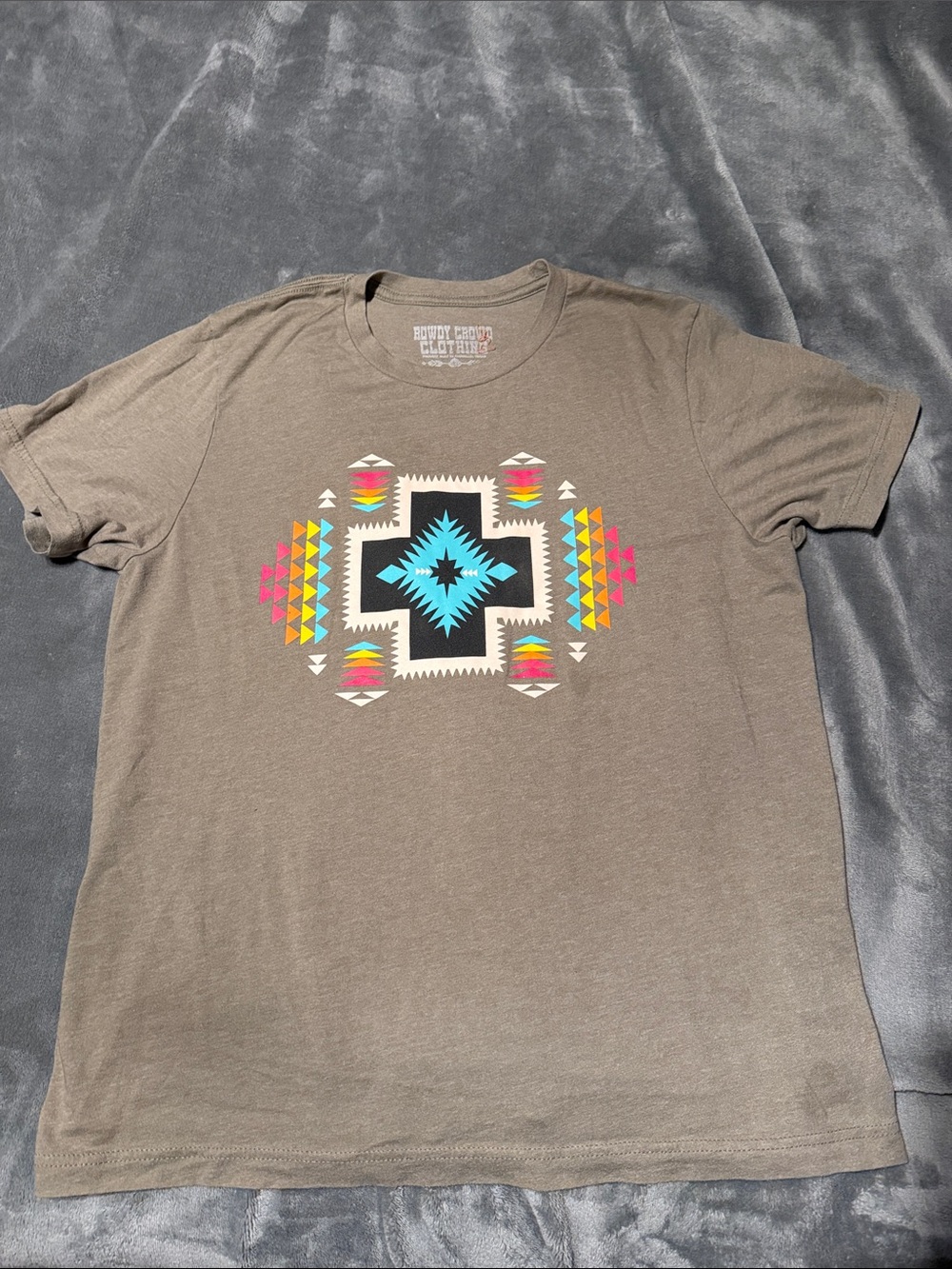 Woman’s Brown Graphic Short Sleeve Tee with Turquoise Aztec Print